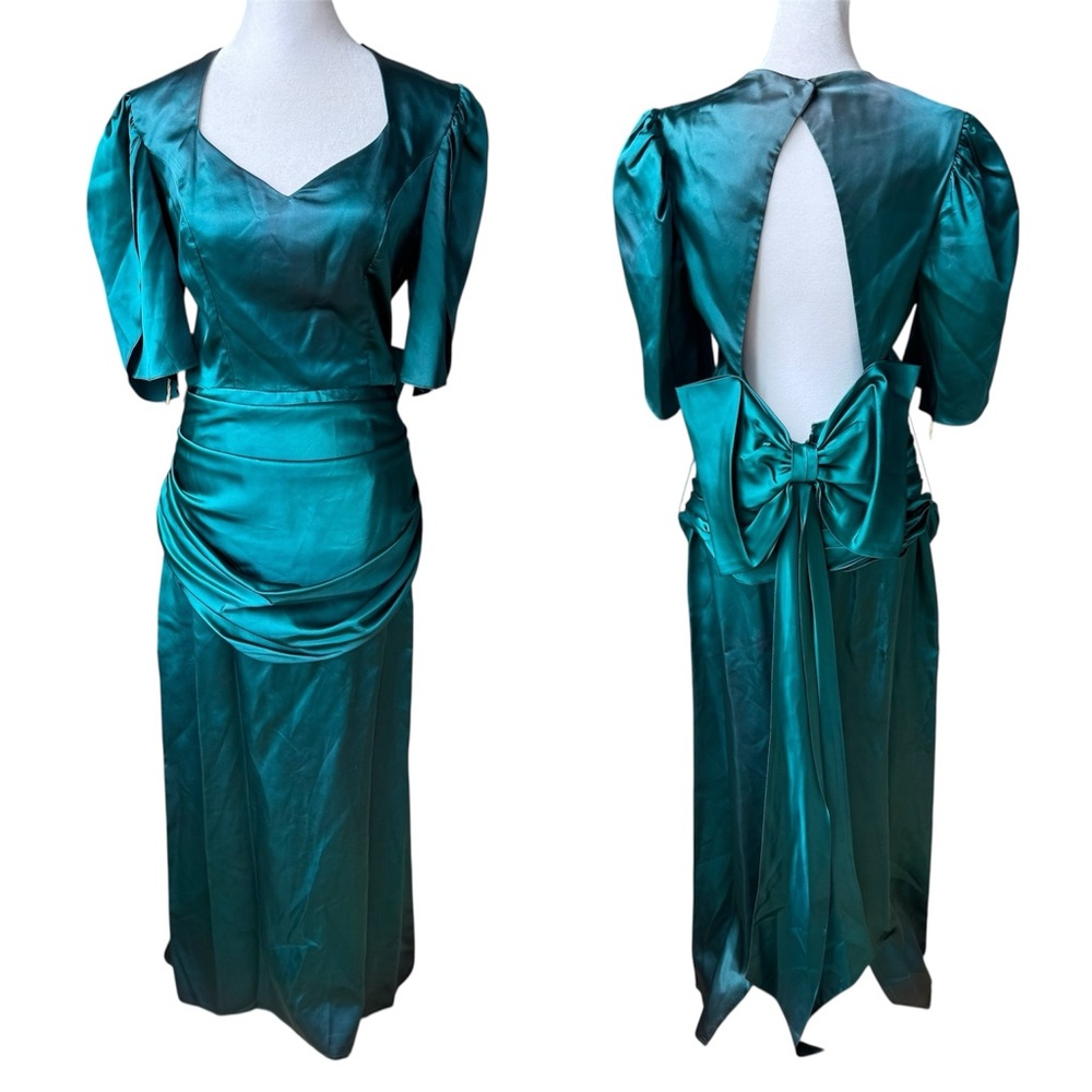Vintage 80s Dk Green Satin Backless Oversized Bow Floor Length Prom Dress AS IS